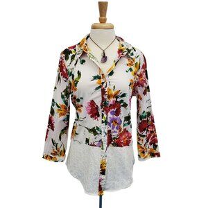 AVEC Womens Button Up‎ Floral Eyelet Blouse Top Size L Multicolor 3/4 Sleeve
